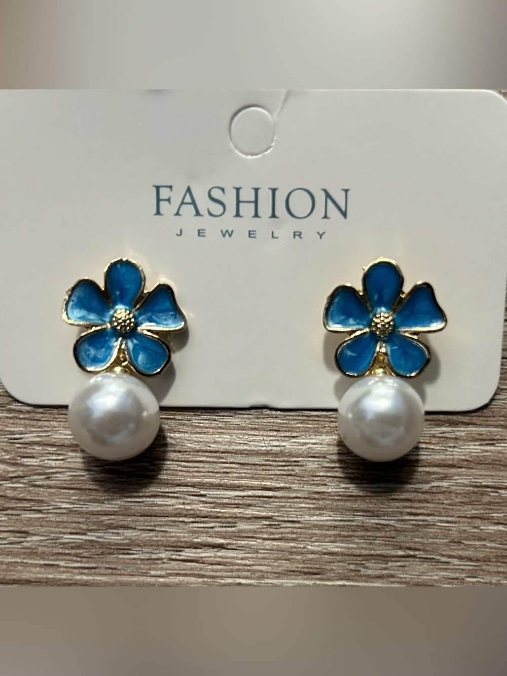 Blue Flower Faux Pearl Drop Stud Earrings